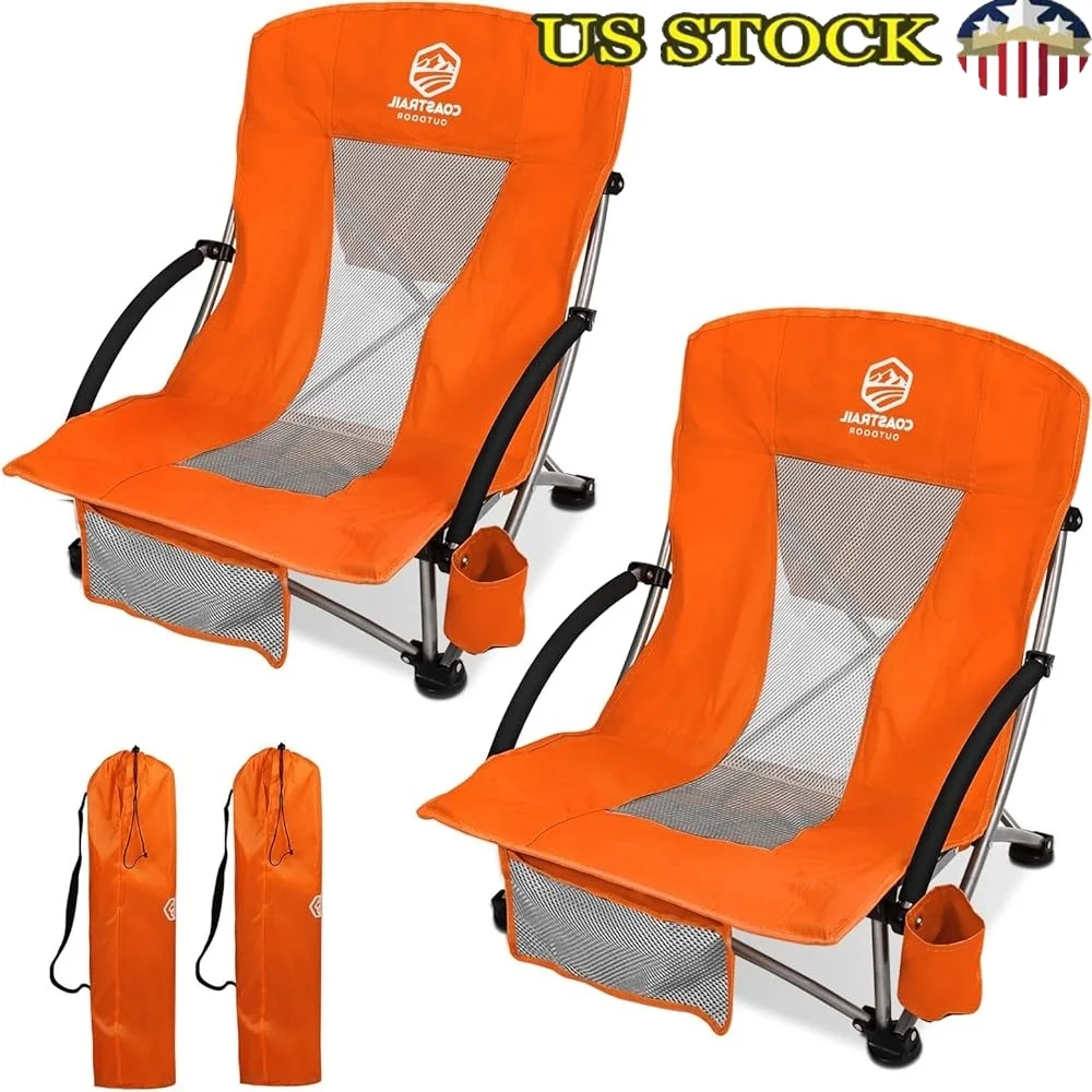 

Compact Folding Beach Chairs 2 Pack Low Profile Camping Chairs with Cooler Bag Mesh Fabric Cup Holder Storage Bag