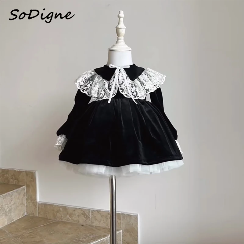 SoDigne-Robe Trapèze en Velours et Dentelle pour Fille, Tenue de Soirée à Manches sulf, Courte, Personnalisée, 2025