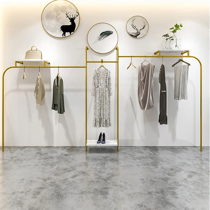 

High grade clothing store display rack stainless steel wall women's clothing store double shelf bright gold high-grade clothes