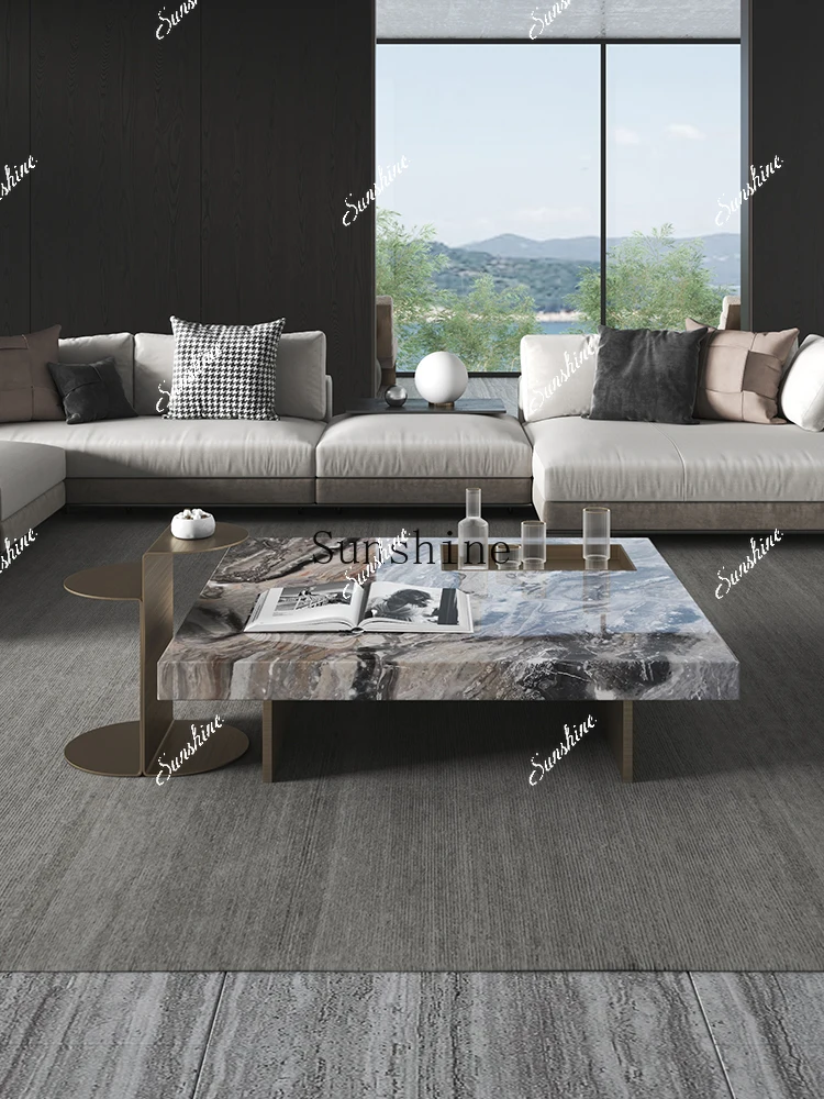 Light luxury square natural marble high artistic sense living room household stainless steel coffee table   TF
