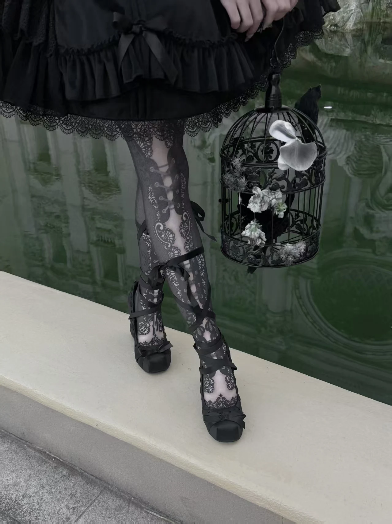 Dollybae Gothic Black Satin Ballet Shoes Women's Sweet Princess High Heels 9CM Height Increase Fashionable Single Shoes