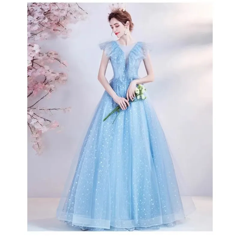 Синее вечернее платье, новинка 2025 года, перспективная вечерняя вечеринка, ежегодное собрание, художественное экзаменационное представление, соло, свадебное платье, осень