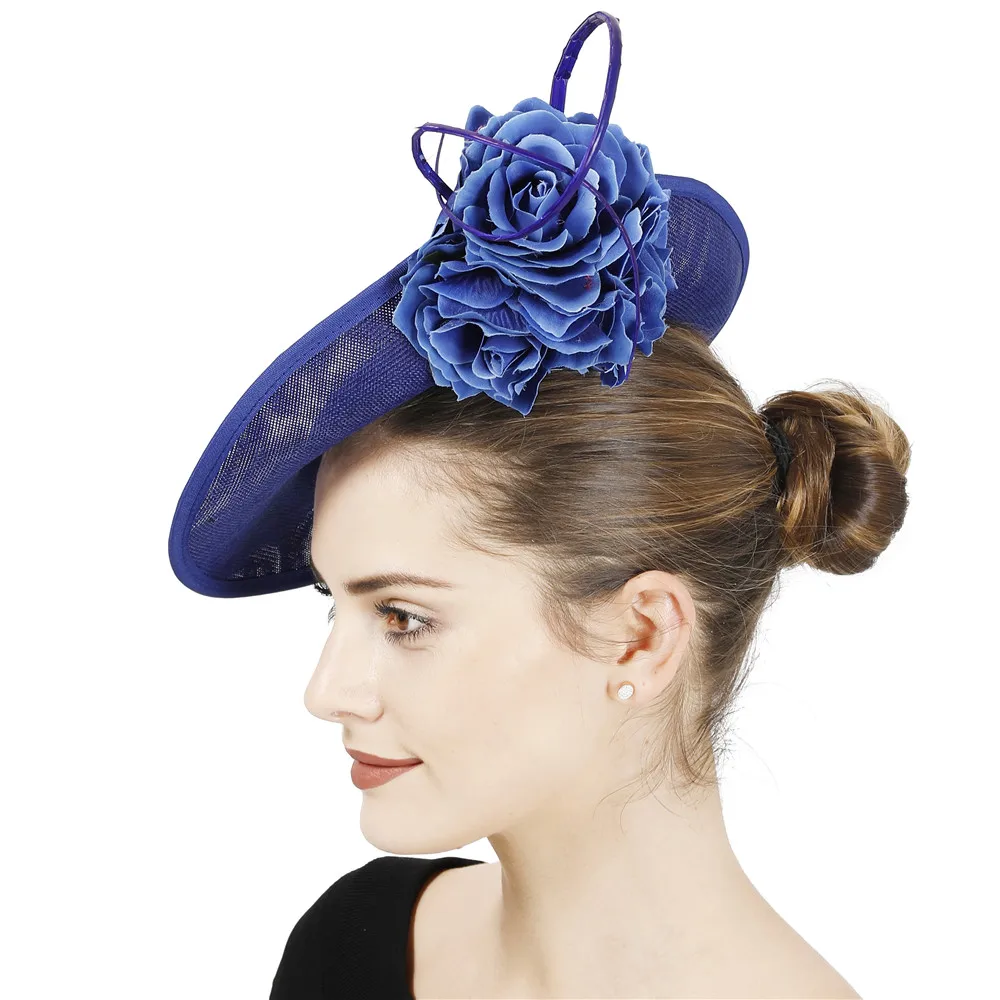 Královský modrá kentucky velký fascinators formální událost fedora core svatební vlasy koktejlové církev klobouky elegantní ženy bájit kvést headwear