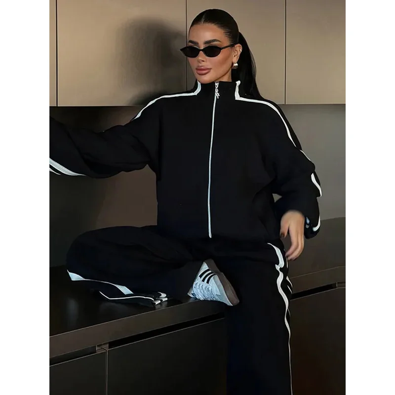 BKQU Contrasting Color Women Hoodie Pant Suits Full Sleeve Zipper Pocket Jacket Drawstring Wide Leg Pants 2 Pieces Y2k Tracksuit