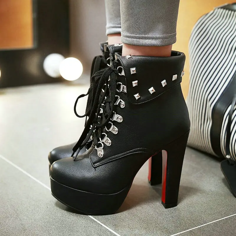 

Extra Big Size 46 47 White Black Lace-up Thick High Heels Shoes for Women with Studded Rivets Platform Ankle Motorcycle Boots