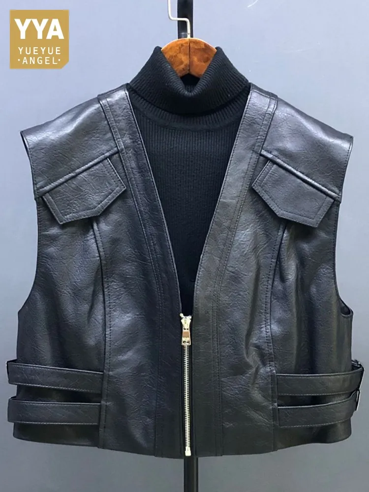 High Quality Ladies Solid Color V-Neck Leisure Style Genuine Leather Vest Handmade Zipper Sleeveless Loose Cowhide Outerwear
