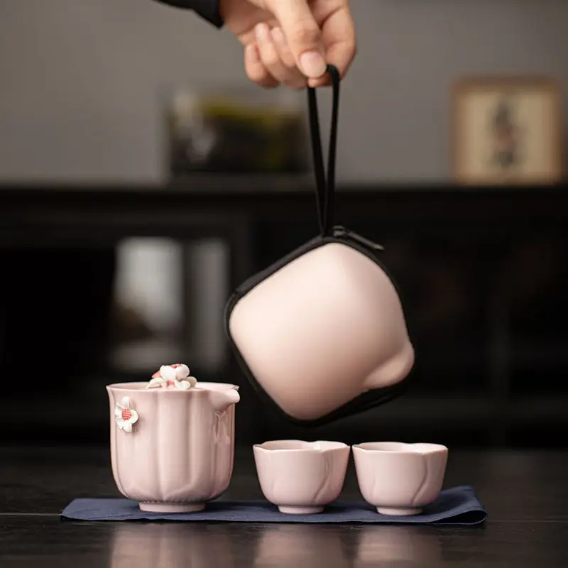 1 Pot 2 Cups Tea Sets Pink Pottery Portable Travel Home Office Cup Ceramic Tea Coffee Container With Bag Teaware Business Gift