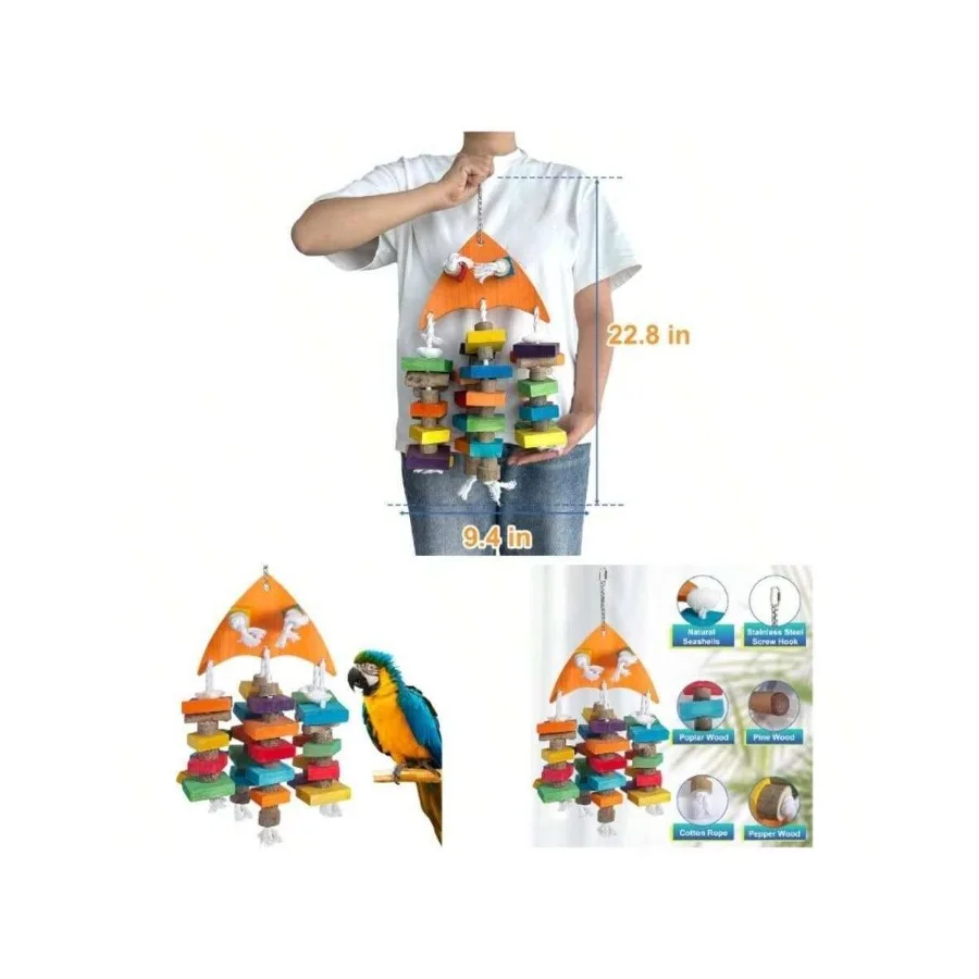 

【New Arrival】Large Parrot Chewing Toy, Colorful Wooden Blocks Bird Toy with Cotton Rope, Durable Cage Accessory for Macaws & Cockatoos