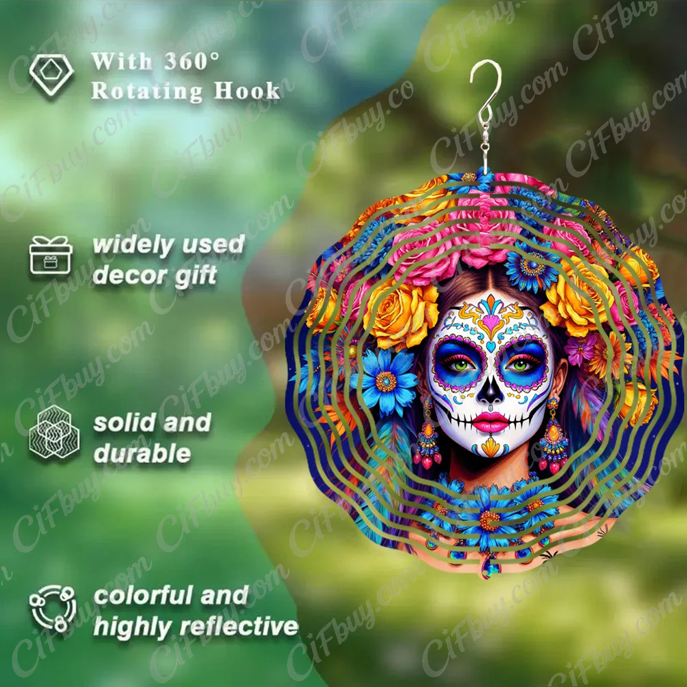 CIFBUY Wind Chime Day of the Dead Skull Floral Mexican Folk 360° Rotating Metal Spinner Outdoor Yard Porch Hanging Decor Gift