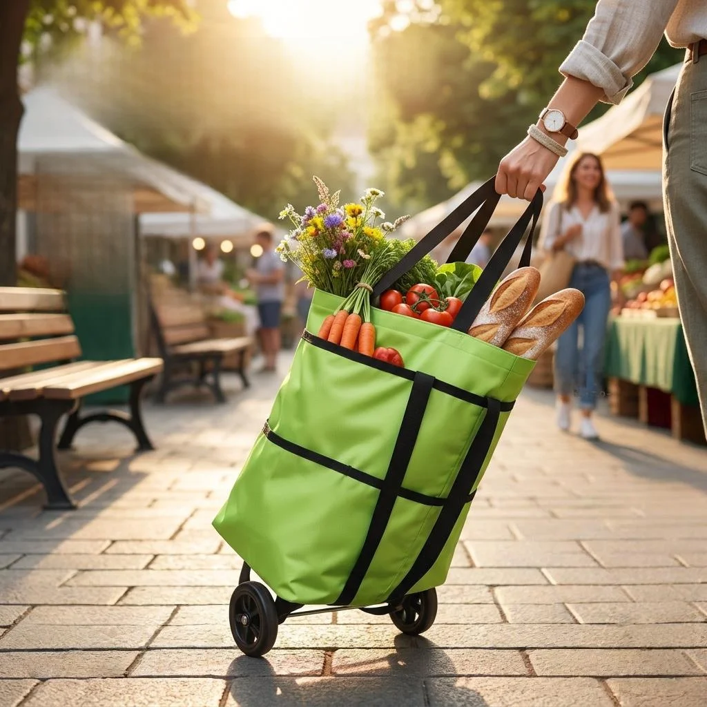 

Portable Folding Shopping Cart Women's Large Capacity Vegetable Buying Carriage with Wheels Easy to Carry Kitchen Storage Tool