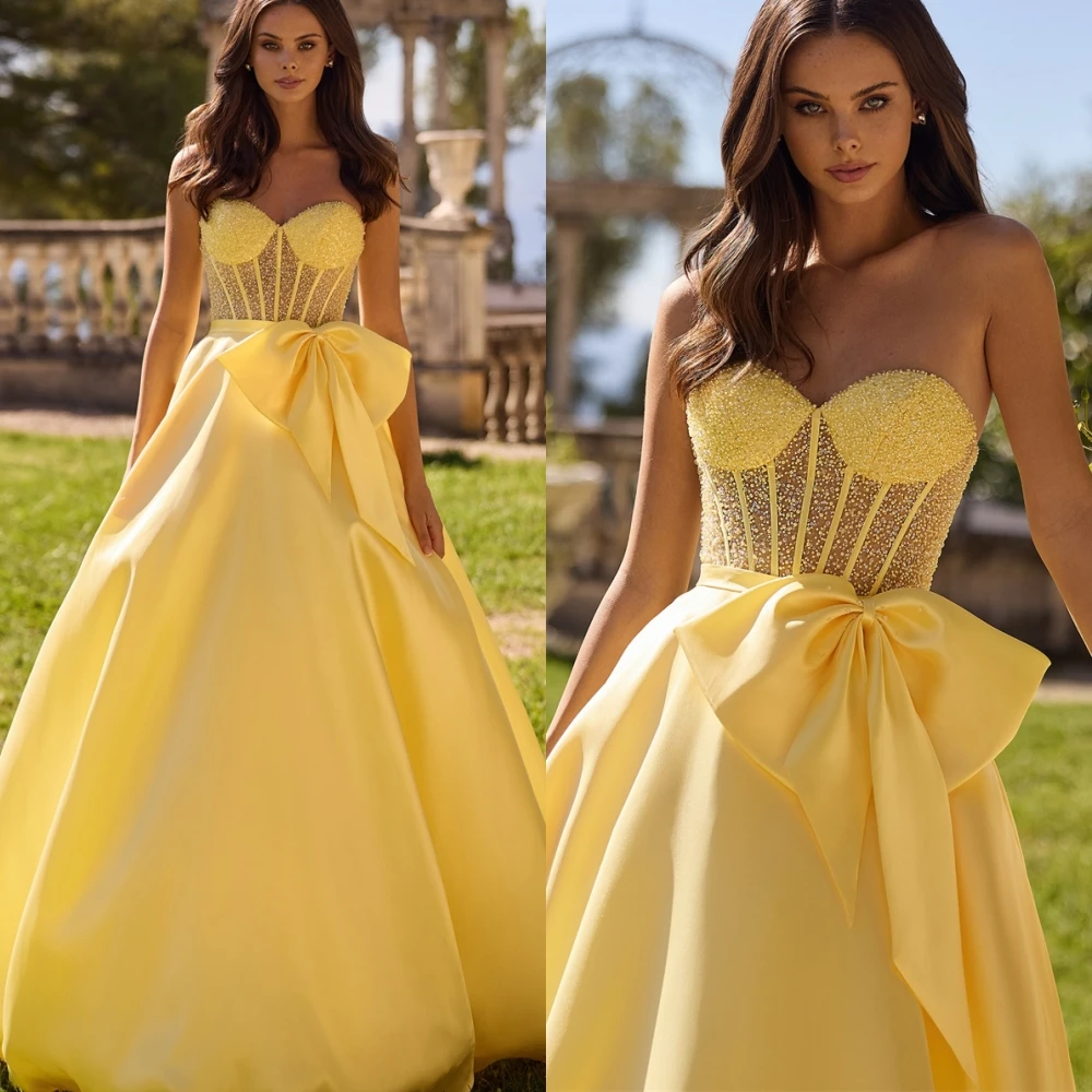 Customized Strapless Sleeveless Satin A-Line Evening Dress Exquisite Special Occasion Gowns Luxury Crystal Prom Dresses