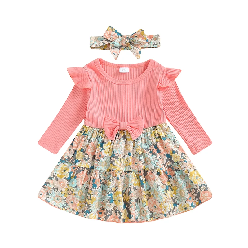 

Toddler Girls Floral Print Dress 3D Bow Ruffled Long Sleeve Ribbed Dress Headband Adorable Outfits