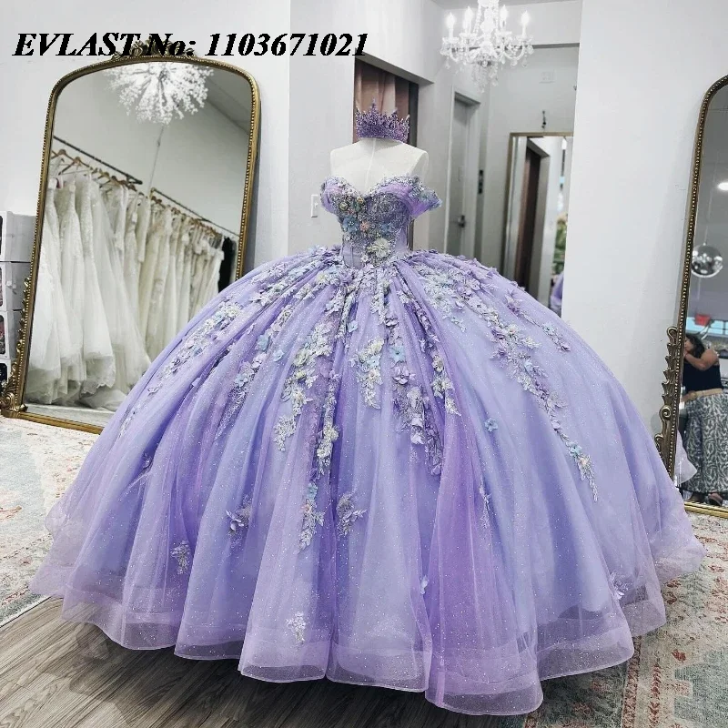 

EVLAST Customized Lavender Shiny Quinceanera Dress Appliquéd Lace Beads Crystal Ball Gown Sweet 16 Vestidos De 15 Anos SQ725