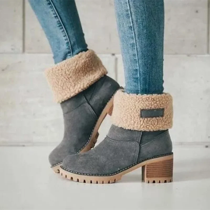 2024Autumn and Winter Fashion New Casual Comfortable Plus Velvet Warm Square Heel Round Toe Solid Color Women\'s Ankle Boots