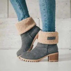 2024Autumn and Winter Fashion New Casual Comfortable Plus Velvet Warm Square Heel Round Toe Solid Color Women's Ankle Boots