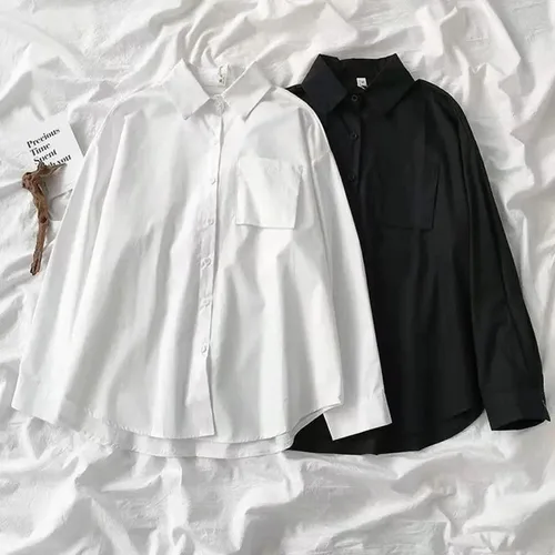 여성용 블랙 화이트 캐주얼 셔츠, JK 프레피 스타일, 긴 소매 학교 셔츠, 소녀 하라주쿠, 느슨한 턴 다운 칼라, 단추 업 블라우스