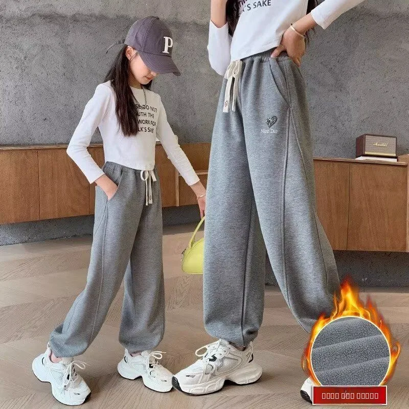 

Брюки для девочек на флисовой подкладке, зимние модные спортивные повседневные штаны, осенне-зимние, для детей постарше, с эластичным поясом