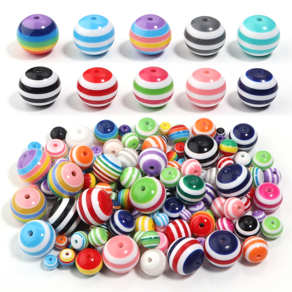 50-100 teile/los Harz Streifen Runde Perlen Regenbogen Farbe Streifen Muster Lose Spacer Perlen Für DIY Schmuck Machen Armband halskette
