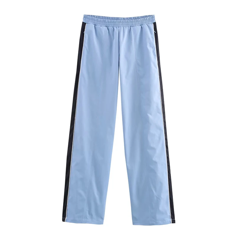 YENKYE الجانب مخطط السماء الزرقاء مستقيم السراويل للنساء ربيع الخريف مرونة عالية الخصر بناطيل كاجوال Sweatpants الإناث