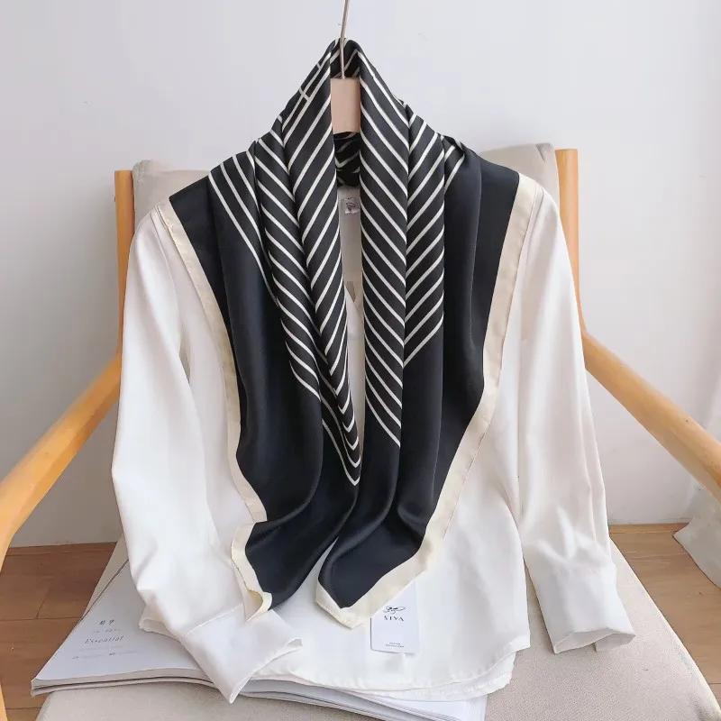 Damen Koreanischer Stil Minimalistischer Gestreifter Twill-Seidenschal 90cm, Vielseitiger Schal & Kopftuch – Detail 9