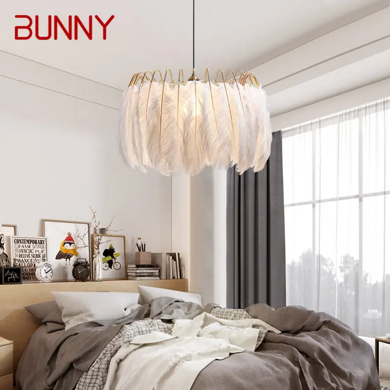 

BUNNY Nordic Pendant Lamp Creative Modern White LED Vintage Feather Light Fixtures For Home Dining Room Bedroom Decor