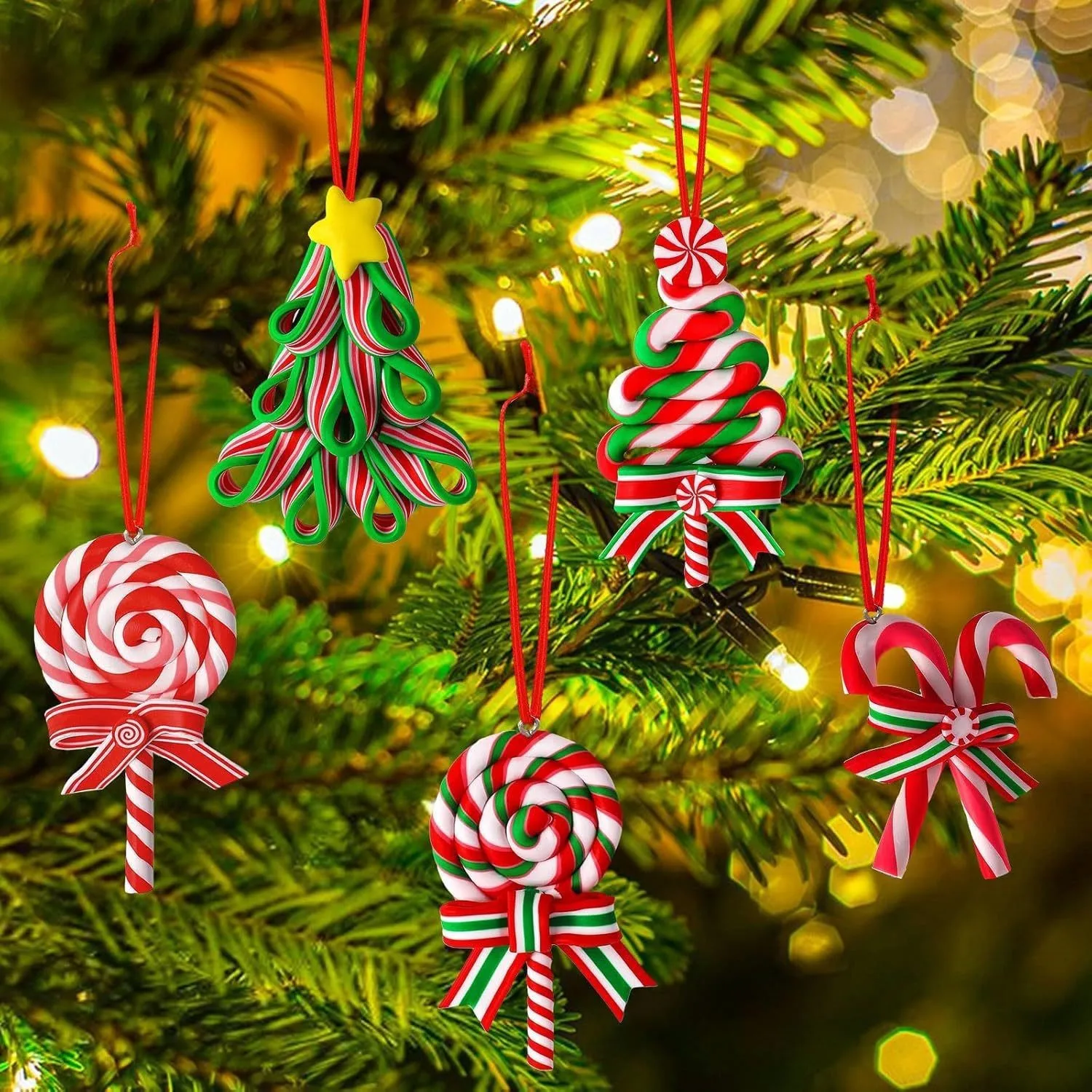 16 Stück Mini-Weihnachtszuckerstangen-Ornamente aus Polymer Clay, Pfefferminz-Lollipop-Anhänger, Weihnachtsbaum-Hängedekoration – Detail 5