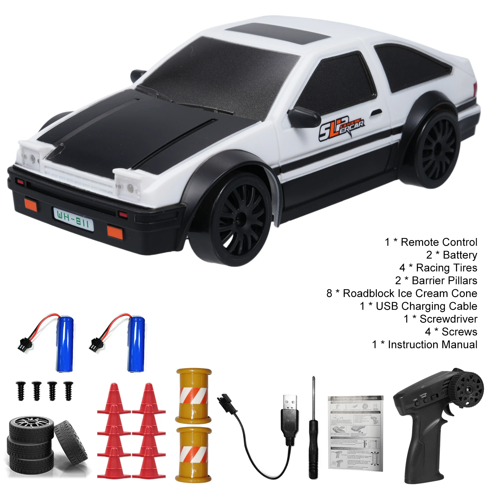 

Remote Control Car, 2.4GHz 1:24 Scale 4WD Drift Vehicle with LED Lights, Racing Tires and 3 Rechargeable Batteries, Car Toy Gift