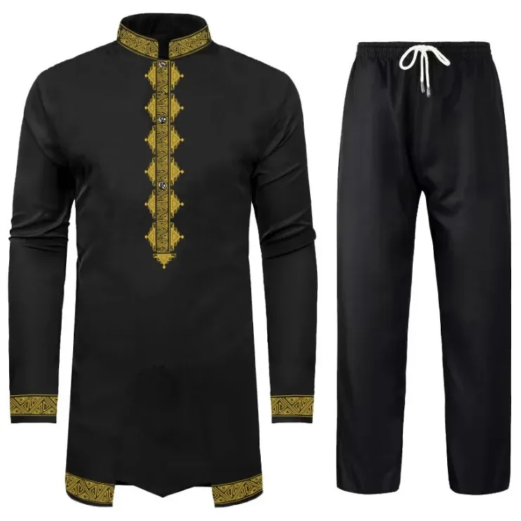 Nuevo traje blanco y negro para hombre, traje bordado de manga larga de estilo étnico africano, ropa tradicional para hombre, traje de lujo de 2 piezas