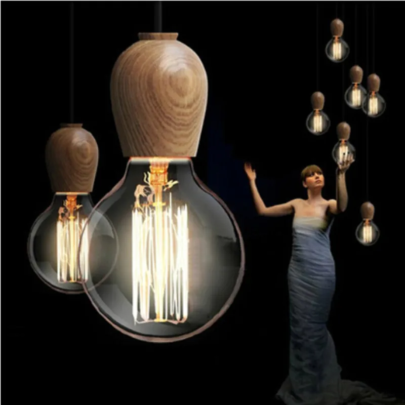 Nordic Retro Pendant Lights Oak Wood Pendant Lamp E27 Vintage Hanging Lamp Loft Living Room Dining Room Lights Restaurant Cafe