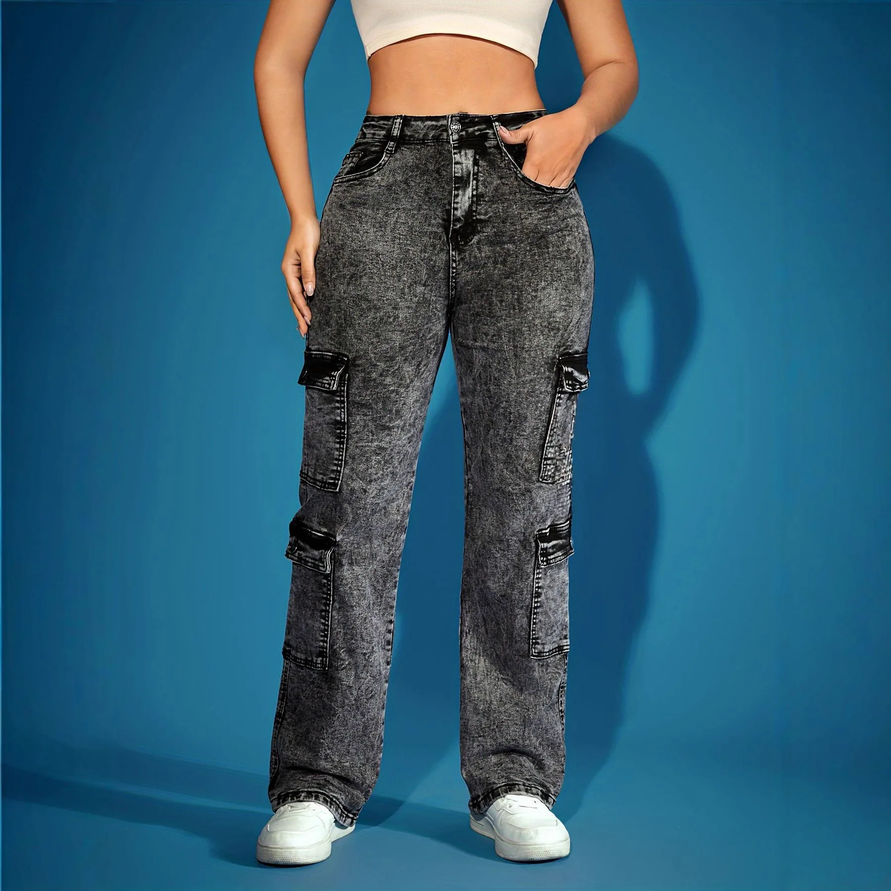 

Модная рабочая одежда, джинсовые брюки, женские высокоэластичные комбинезоны с несколькими карманами, джинсовые брюки с подвесной цепочкой, джинсы из хлопка