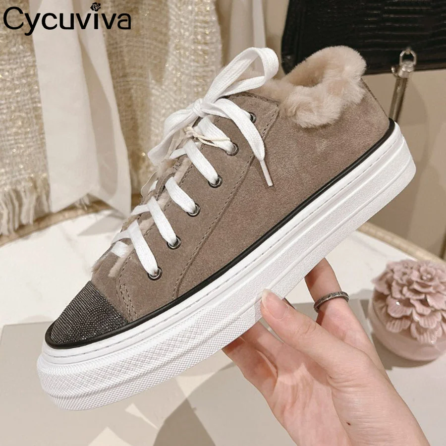 Suede Lace Up Flat Loafers Shoes Women Thick Sole Warm Wool Designer Platform Shoes Winter Casual Comfort Driving Walking Shoes