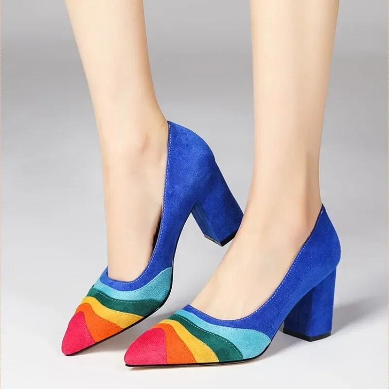 

Summer New Rainbow Mixed Color 8cm High Heel Sandals Women's French Pointed Shallow Mouth Runway Banquet Wedding Shoes Size 43