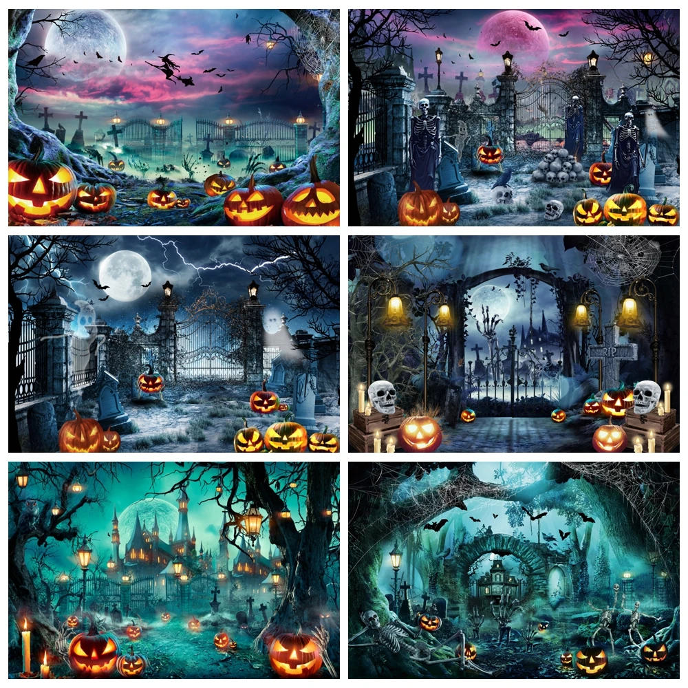 

Halloween Backdrop Scary Cemetery Forest Full Moon Night Horror Skull Castle Halloween Party Photography Background Photo Studio