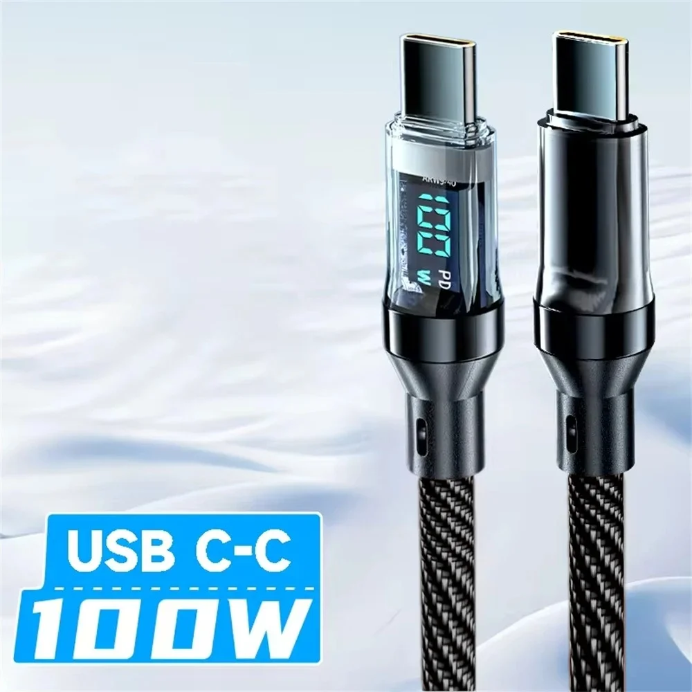 كابل USB إلى النوع C بقدرة 120 وات، كابل شحن سريع للغاية مع شاشة LED 100 وات من النوع C إلى سلك بيانات من النوع C لهاتف Huawei Oppo Vivo