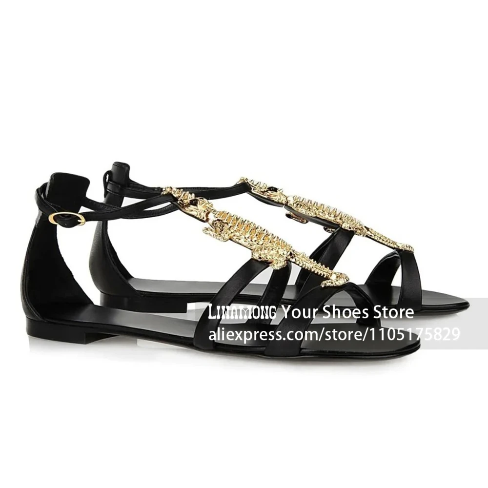 

Crocodile T-Strap Flat Sandals Designer Style Rhinestone Sandals Luxurious Bling Bling Crystal Handmade Summer Shoes for Women