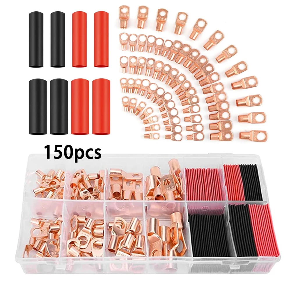 

150Pcs Copper Wire Lugs, Battery Cable Ends Wire Connectors with Heat Shrink Set, Ring Terminals Connectors Battery Cable Lugs