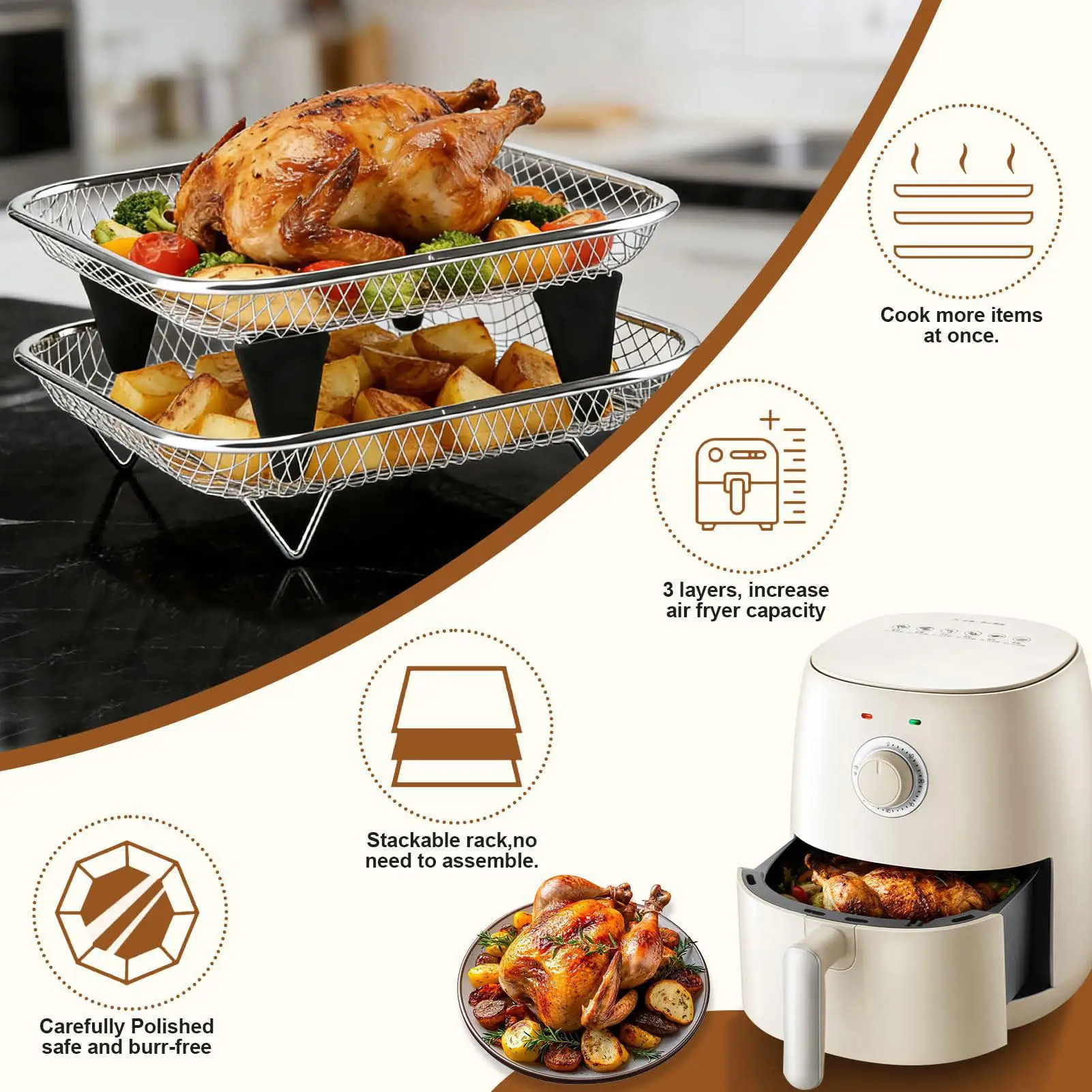 Luftfritteusen-Gestell mit Silikonfüßen, Stapelbare Ablage, 2-teiliges Luftfritteusen-Dehydrator-Gestell zum Grillen, Kochen, Dörren und für die Essensvorbereitung