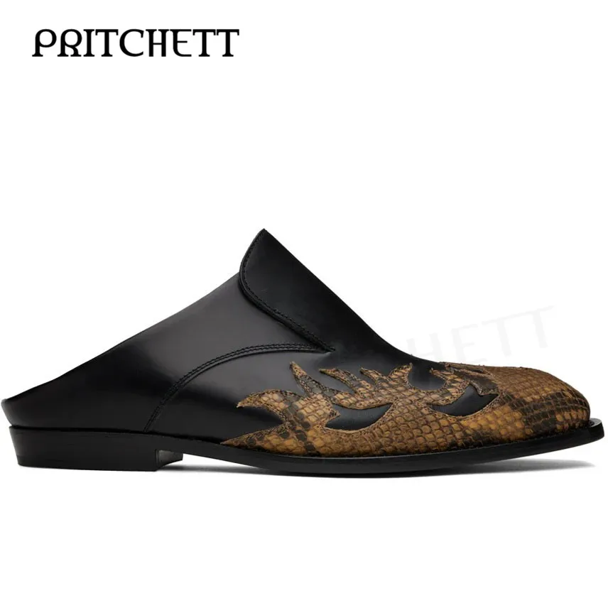 Color Matching Cowboy Muller Slippers Fashion Printing Round Toe Square Root Slip-On Leather Casual and Comfortable Men's Shoes