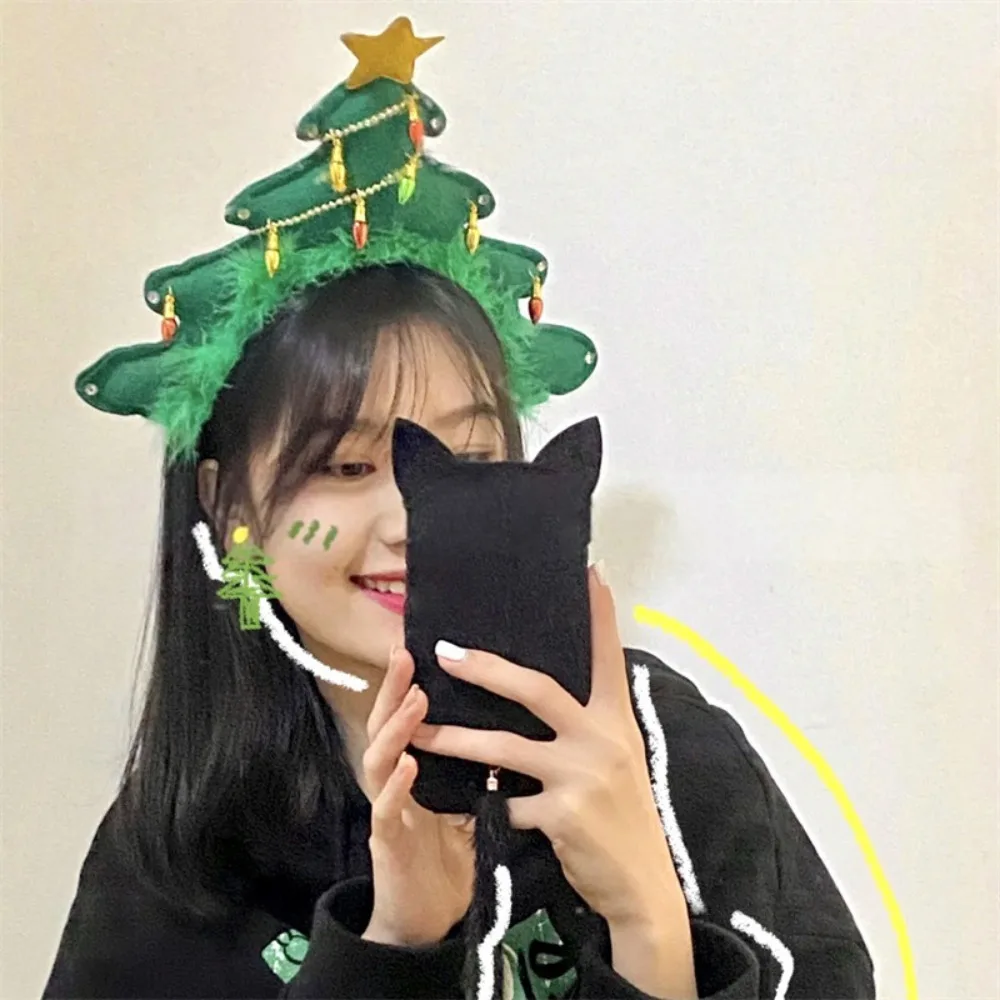 Creative 2025 Ins Christmas Tree Hat Fabric Rain Silk with Star Tinsel Christmas Headband Rain Silk Xmas Hat Photo Props