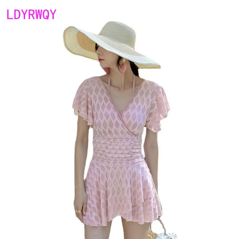 One-piece swimsuit for women 2023 New Korean style steel bracket gathered skirt swimsuit Flat angle conservative bikini