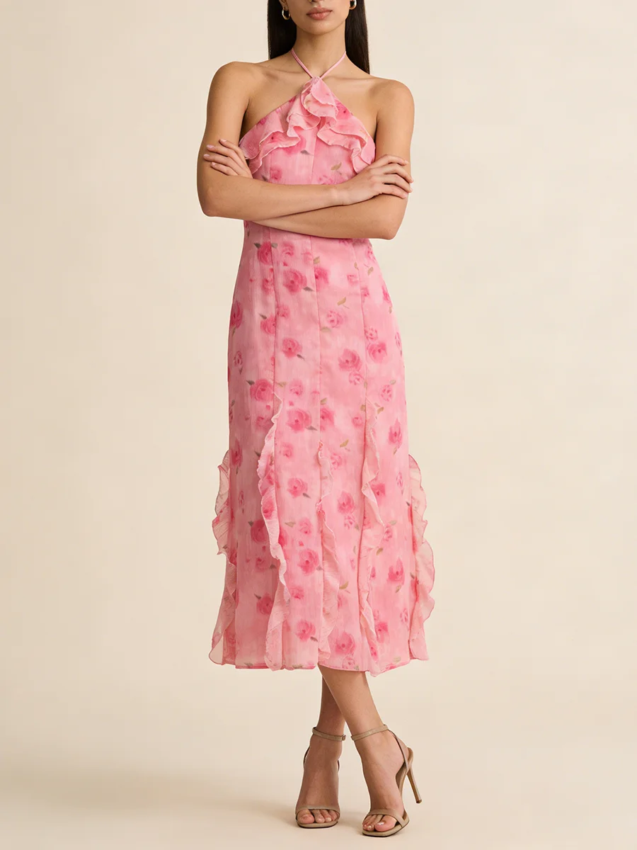 TWOTWINSTYLE Beach Vacation Pink Rose Print Midi Dresses for Women Halter Neck Sleeveless Ruffles Trim Flowy for Romantic Dates