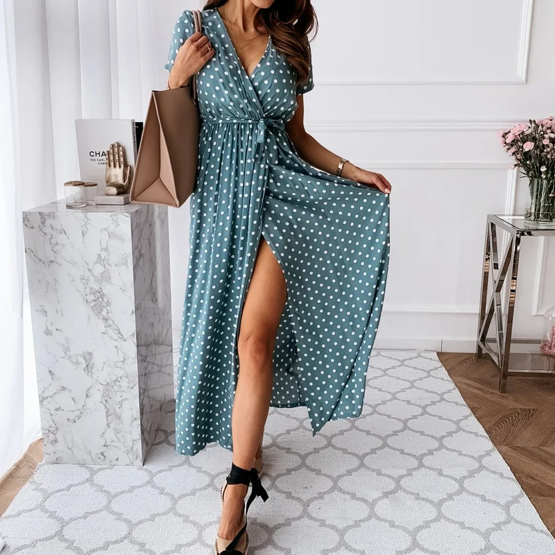 

Short Sleeve V-Neck Ladies Polka Dot Dresses 2024 Women Summer Fashion Split Maxi Dress New Boho Beach Holiday Dress for Female