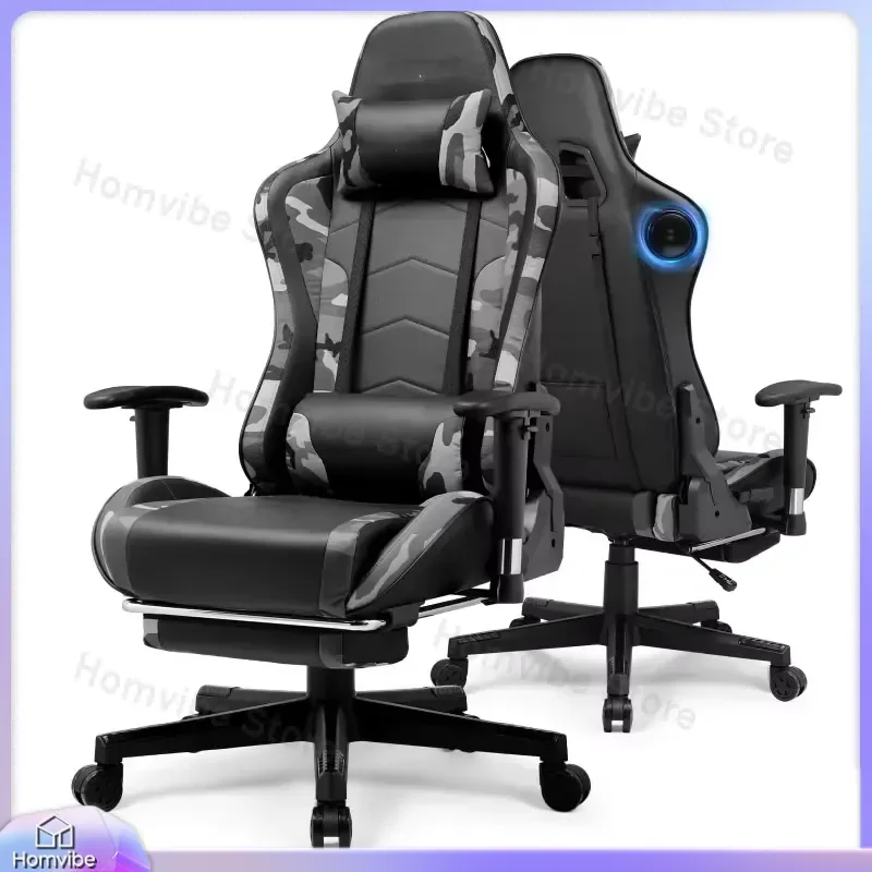 Ergonomic Gaming Chair with Bluetooth Speakers 2D Adjustable Armrests High Back PU Leather Computer Chair for Adults with