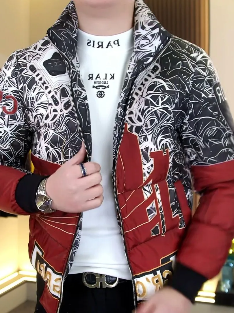 

2026 New Men's Slim Fit Du down Jaet High End Design Emed Print Warmth Outerwear Faionable Youth American Sle