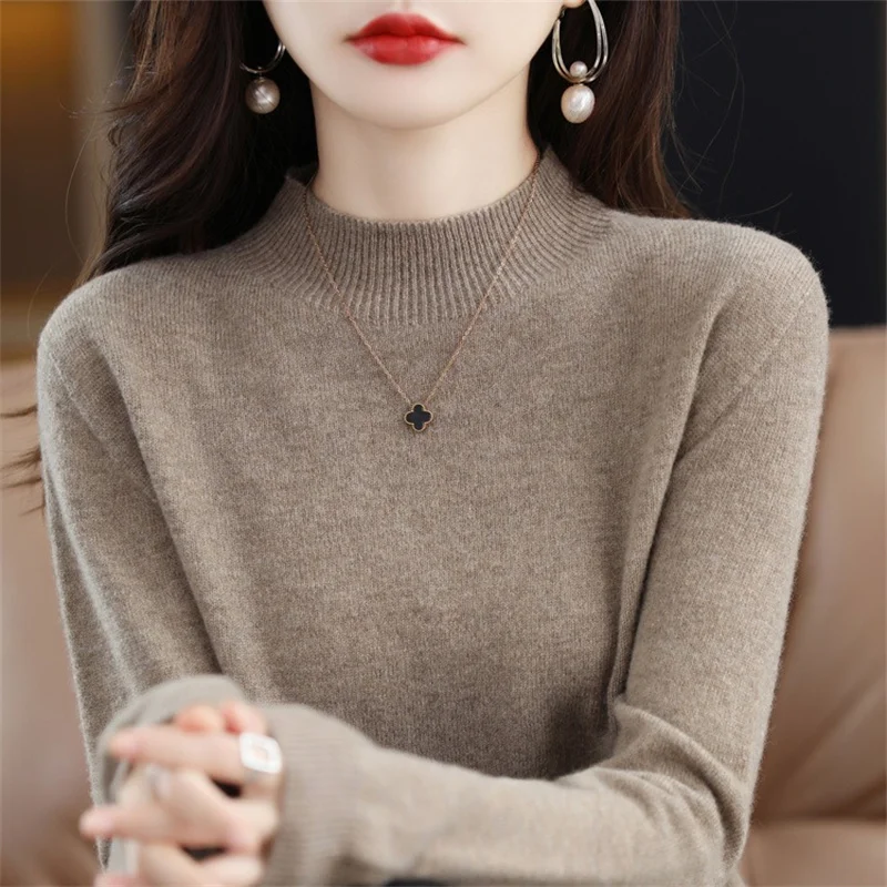 

2024 Fashion Autumn Winter Wool Sweater Women Knitted Pullover Half High Neck Long Sleeve Cashmere Jumper Clothing Female Tops