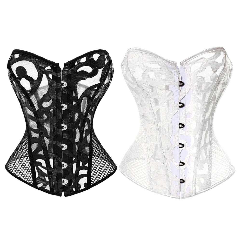 

Steampunk Lace up Overbust Corset Top Black White Hollow Out Mesh Sexy Waist Trainer Bustier