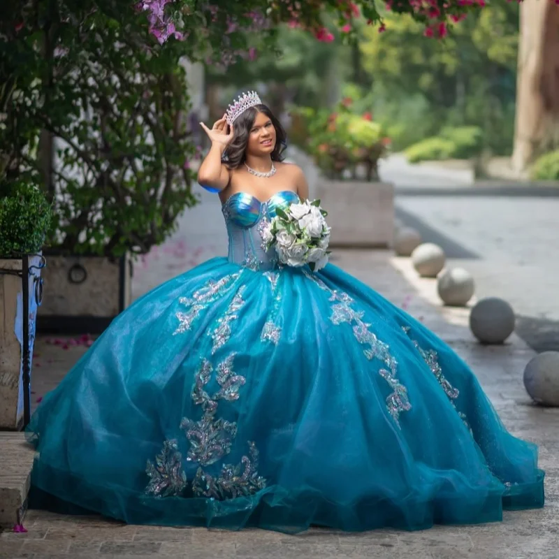 

Customized turquoise Quinceanera Dresses Off the Shoulder beads Tull crystal applique ruffle Vestido De 15 Quinceanera