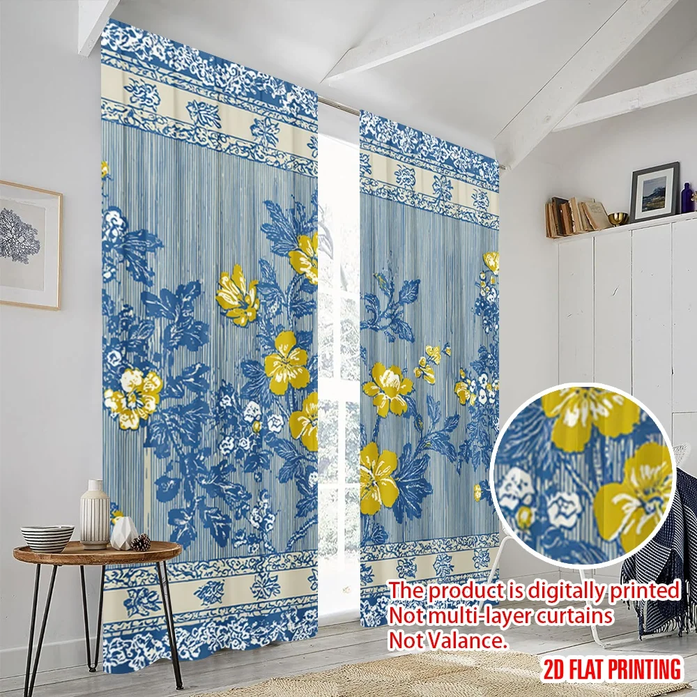 2 قطعة، ستائر مطبوعة بطباعة طائرة أزرق أصفر خطوط زهرية بوليستر (بدون قضيب) ديكورات داخلية للاستخدام لغرفة النوم،