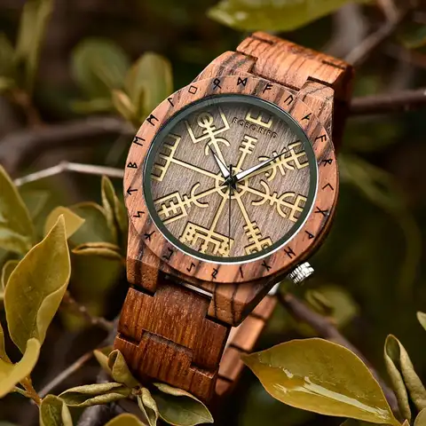 Wooden men's watch with runic circle and gold helm BOBO BIRD
