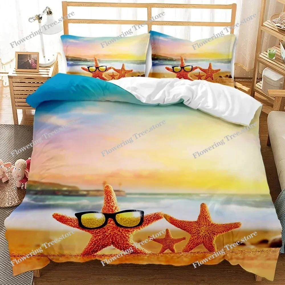Beach Themed Bedding Set Blue Ocean Duvet Cover Set Starfish Coastal Bedding Beach QueenKingFull Polyester Comforter Cover